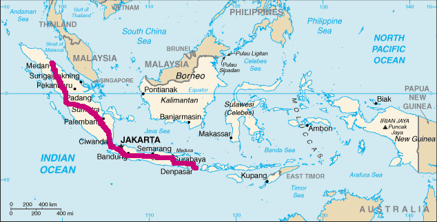 Kaart van Indonsië met mijn reisroute in 1991